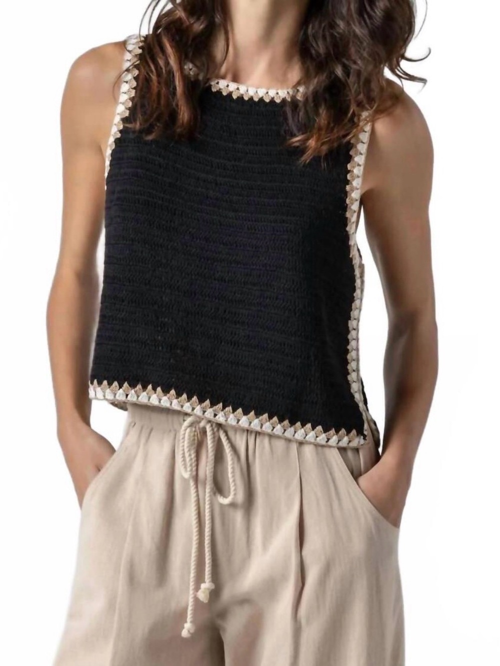 Lilla P Black Tank Top with Cream Crochet Trim